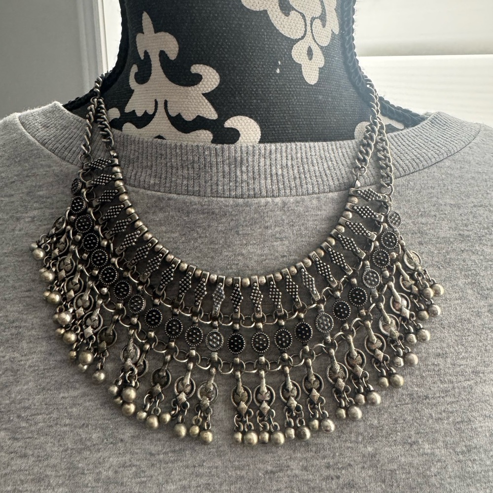 Boho Statement Fringe Bib Necklace - Silver Tone